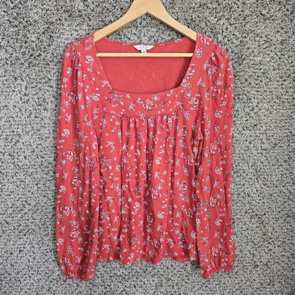 Lucky Brand Top Womens Medium Rust Floral Print Boho Square Neck Casual Tee
